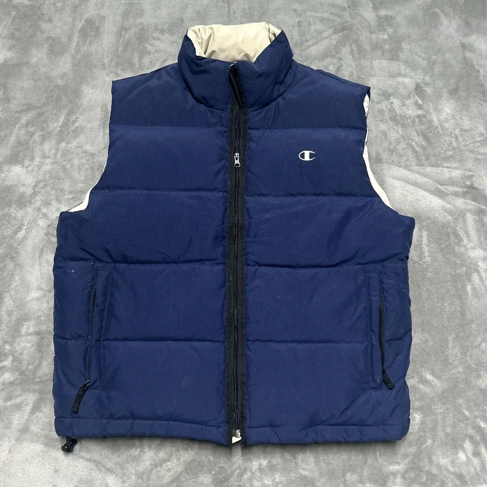 Champion‎ Vest Mens XL Navy Blue Down Puffer Zip Pockets Quilted Logo Vtg y2k